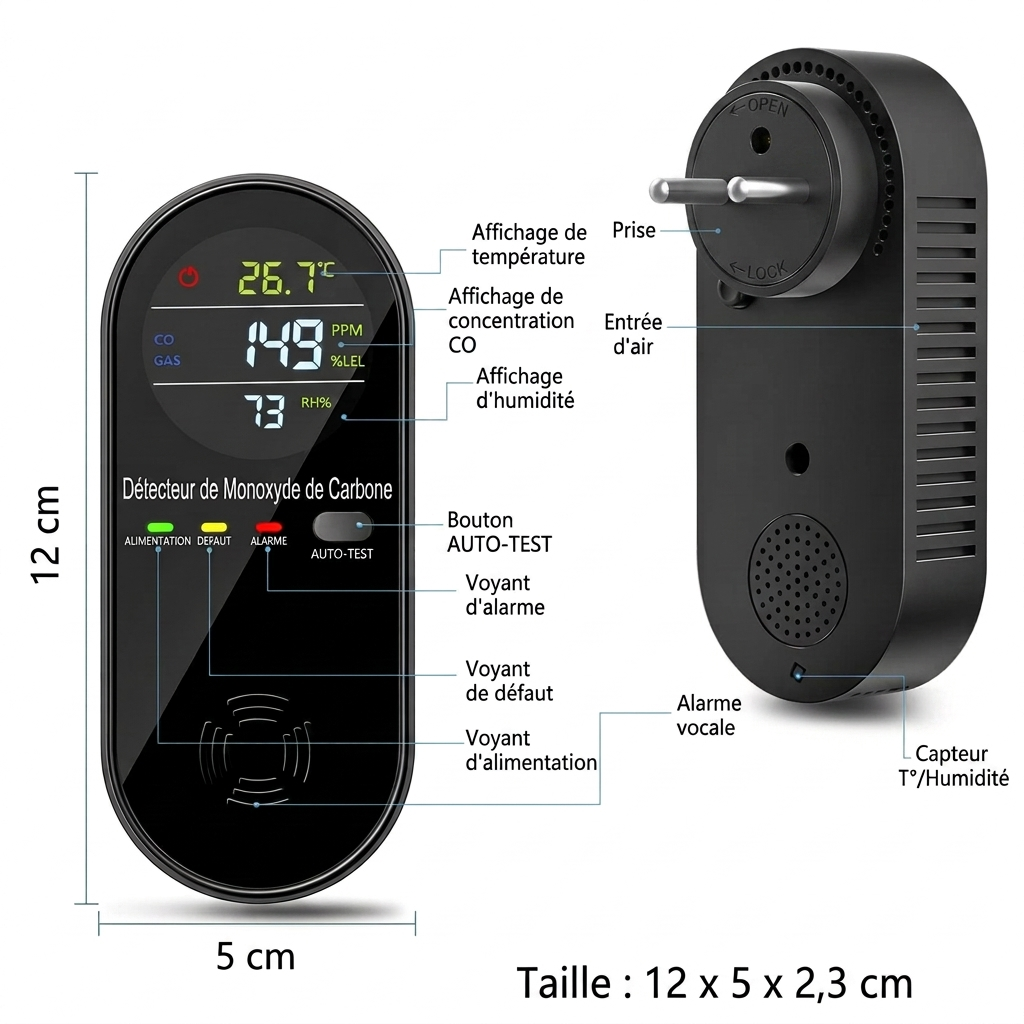 Détecteur monoxyde de carbone avec alarme sonore